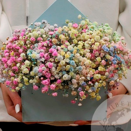 Композиция из гипсофил в деревянном ящике в магазине Цветы Планеты