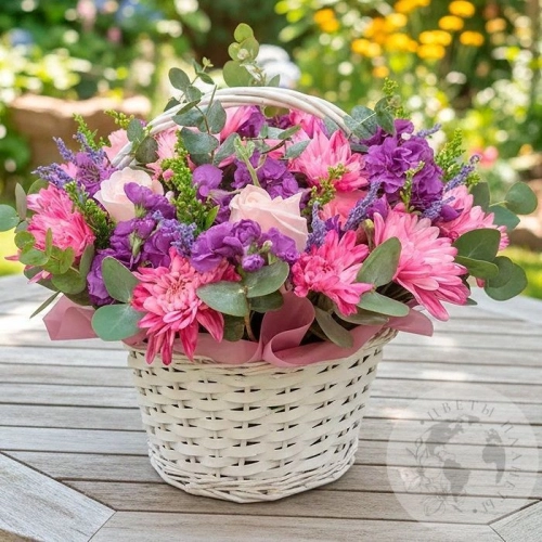 Композиция из роз и кустовых хризантем в корзине в магазине Цветы Планеты