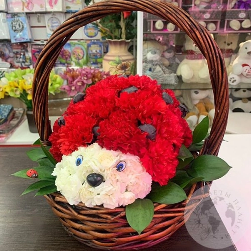 Композиция из гвоздик "Божья коровка" в магазине Цветы Планеты