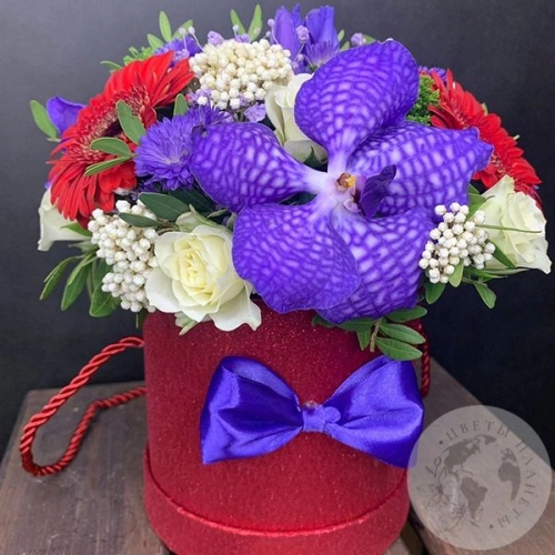 Композиция из роз, гербер, ириса в коробке "Вивьен"