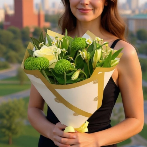 Букет из роз, альстромерий и хризантем "Зеленое чудо" в магазине Цветы Планеты