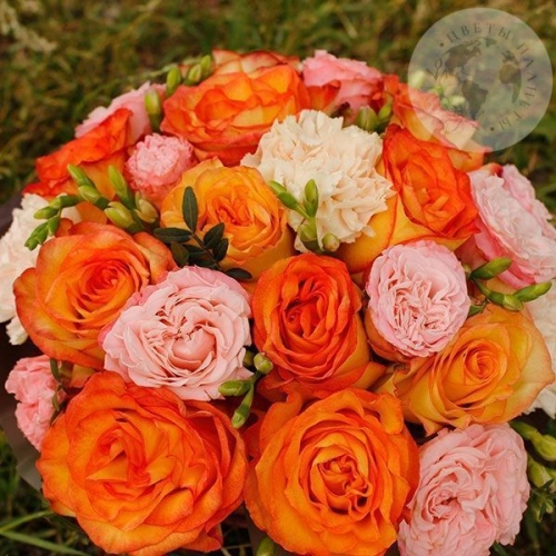 Композиция из роз, гвоздик в коробке в магазине Цветы Планеты