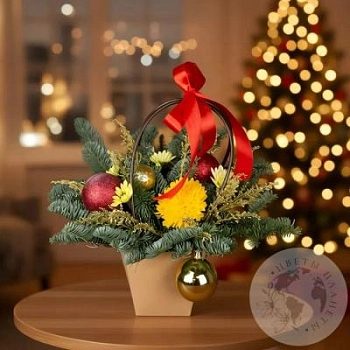 Композиция из хризантем и нобилиса в корзине