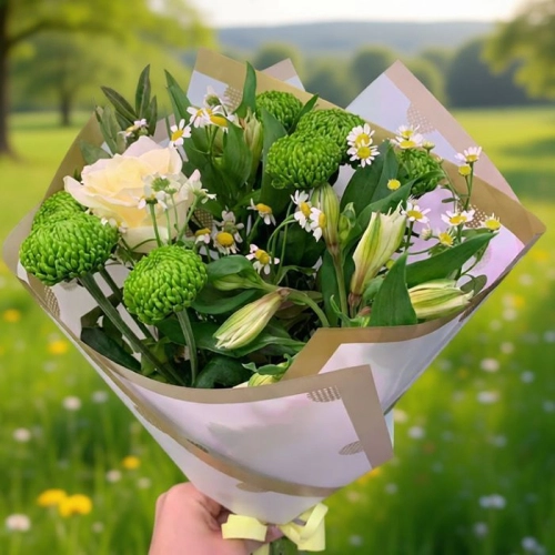 Букет из роз, альстромерий и хризантем "Зеленое чудо" в магазине Цветы Планеты