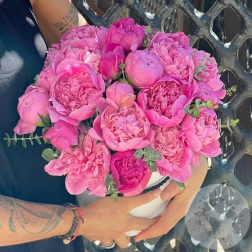 25 розовых пионов в шляпной коробке в магазине Цветы Планеты