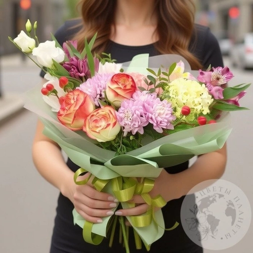 Букет из кустовых хризантем, альстромерий и эустом в магазине Цветы Планеты