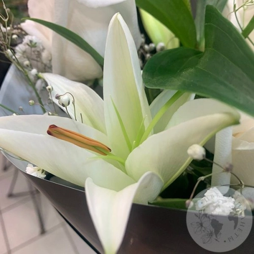 Букет из роз, лилии и гипсофилы "Нежное утро"