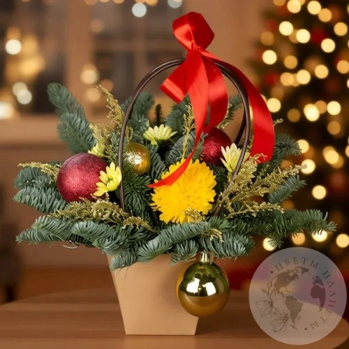 Композиция из хризантем и нобилиса в корзине в магазине Цветы Планеты