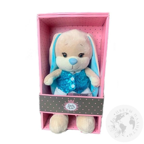 Мягкая игрушка "Зайка Лин в голубой" жилетке 25 см в магазине Цветы Планеты Мягкая игрушка "Зайка Лин в голубой" жилетке 25 см