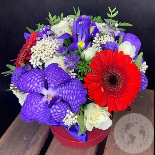 Композиция из роз, гербер, ириса в коробке "Вивьен"