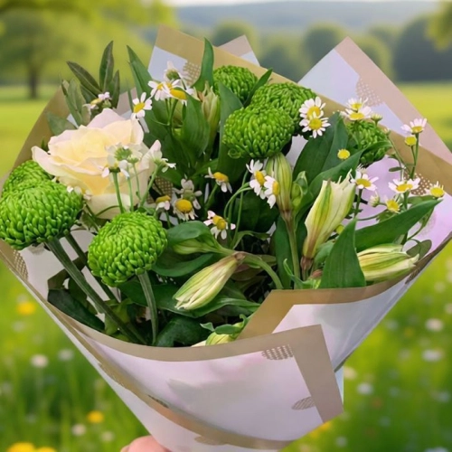 Букет из роз, альстромерий и хризантем "Зеленое чудо" в магазине Цветы Планеты