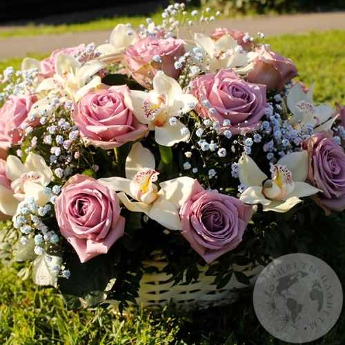 Композиция из орхидей и роз в корзине в магазине Цветы Планеты