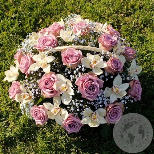 Композиция из орхидей и роз в корзине в магазине Цветы Планеты