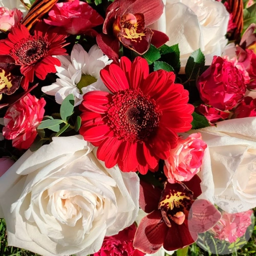 Композиция из роз, орхидей и гербер в корзине в магазине Цветы Планеты