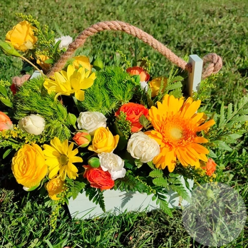 Композиция из гербер и гвоздик в ящике в магазине Цветы Планеты