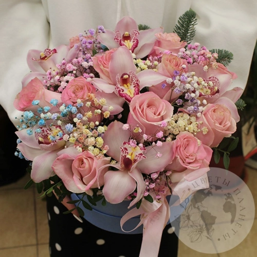 Подарки на Композиция в коробке из орхидей, роз и нобилиса в магазине Цветы Планеты