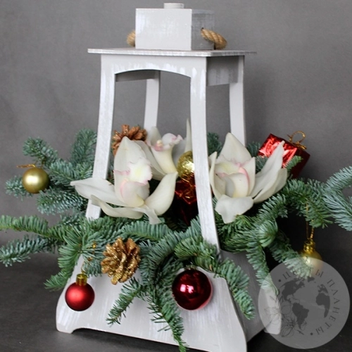 Композиция из орхидей на Новый год "Фонарь" в магазине Цветы Планеты