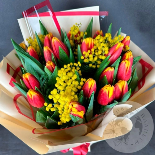 Букет из тюльпанов и мимозы в магазине Цветы Планеты