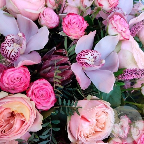 Букет из роз, орхидей, вероники и фисташки в магазине Цветы Планеты