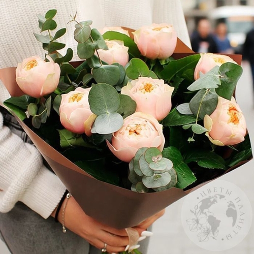 Букет из 9 роз и эвкалипта в магазине Цветы Планеты