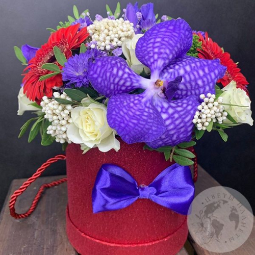 Композиция из роз, гербер, ириса в коробке "Вивьен"