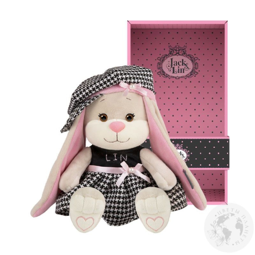 Мягкая игрушка "Зайка в клетчатом платьице и шапочке", 20 см в коробке