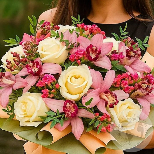 Букет из роз, орхидей и фисташки в магазине Цветы Планеты