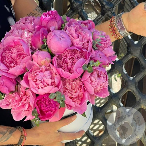 25 розовых пионов в шляпной коробке в магазине Цветы Планеты