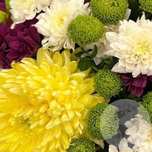 Букет из кустовых и одноголовых хризантем в магазине Цветы Планеты