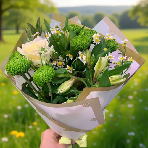 Букет из роз, альстромерий и хризантем "Зеленое чудо" в магазине Цветы Планеты