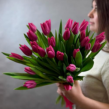 Букет из 25 ярко-розовых тюльпанов
