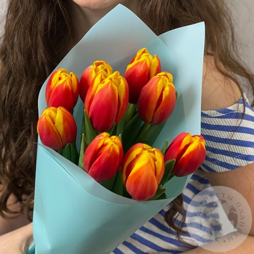9 тюльпанов красно-желтых в магазине Цветы Планеты