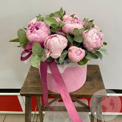 21 розовый пион Сара Бернар в шляпной коробке в магазине Цветы Планеты