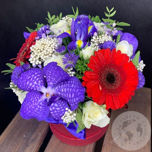 Композиция из роз, гербер, ириса в коробке "Вивьен"