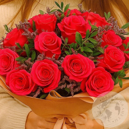 Букет из роз, лимониума и фисташки в магазине Цветы Планеты