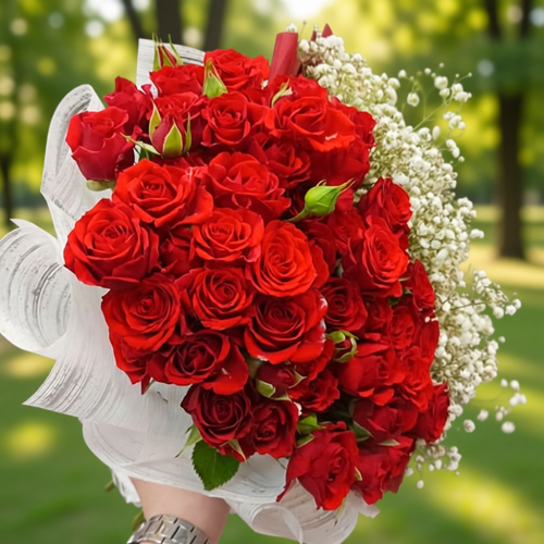 Букет из роз и гипсофилы "Любимой" в магазине Цветы Планеты