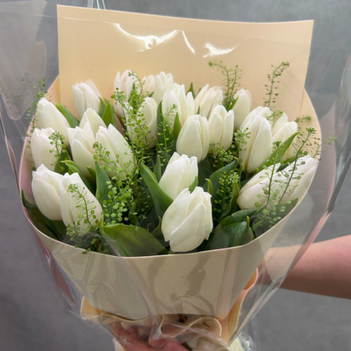 Букет из 25 белых тюльпанов в упаковке в магазине Цветы Планеты
