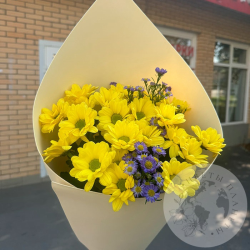 Букет из хризантем кустовых и астера в магазине Цветы Планеты