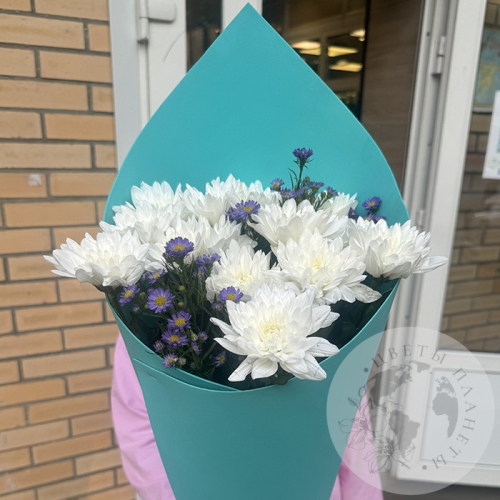 Букет из белых кустовых хризантем и астера в магазине Цветы Планеты