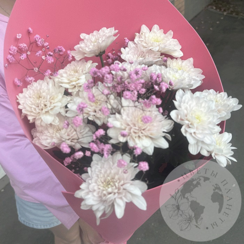 Букет из кустовых хризантем и гипсофилы в магазине Цветы Планеты