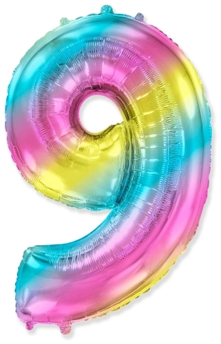 Шар цифра "9", 102 см., радуга в магазине Цветы Планеты