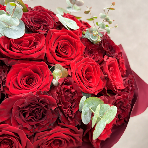 Букет из красных роз Эквадор с эвкалиптом 51 шт. 50 см. в магазине Цветы Планеты