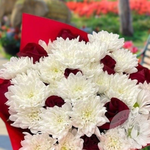 Букет из белых хризантем и красных роз в магазине Цветы Планеты