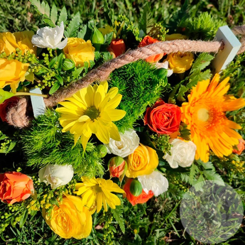 Композиция из гербер и гвоздик в ящике в магазине Цветы Планеты