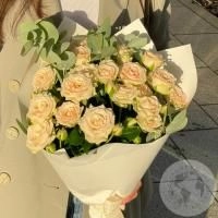 Букет из 19 кустовых розовых роз и эвкалипта 